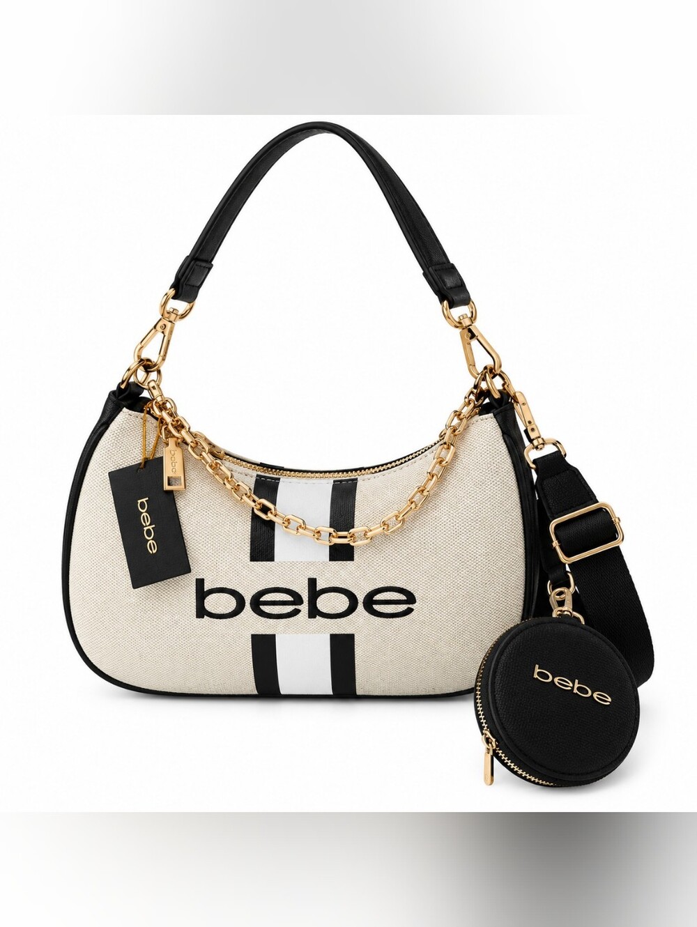 bebe Cream and Black Logo Hobo with Gold Chain Detail
